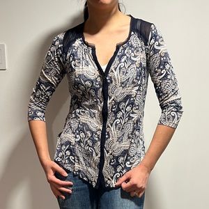 Lucky Brand Navy Blue and Beige Oversized Paisley sheer XS Button Down Blouse